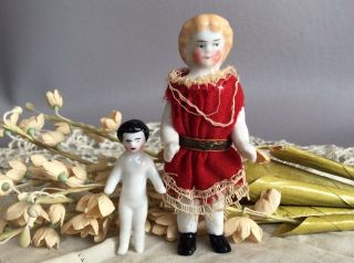 2 Antique German Frozen Charlotte China Dolls Dress Miniature Dollhouse