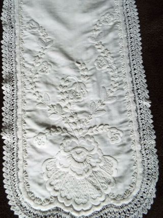 Old/vintage White Work Table Runner Hand Embroidered With Flowers