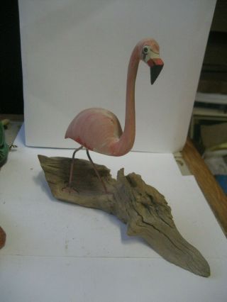 Vintage Beach/folk Art Hand Crafted - Painted Pink Flamingo On Driftwood Figurine
