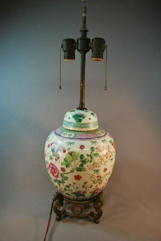 Antique 19th C.  Famille Rose Chinese Porcelain Ginger Jar Lamp W/ Dragon Base