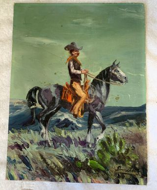 Vintage Western Cowboy And Horse Oil On Board Signed Painting
