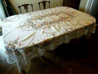 Large Vintage Hand Embroidered & Cut Work Tablecloth - Thanksgiving