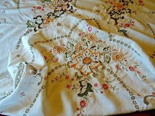 Large Vintage Hand Embroidered & Cut Work Tablecloth - Thanksgiving 3