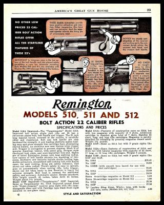 1949 Remington Model 510 511 512 Bolt Action.  22 Rifle Adw/ Specs