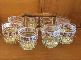 8 Vintage Low Ball Bar Glasses With Metal Carrier Lincoln And Indian Head Penny