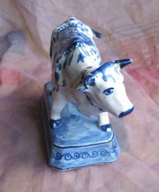 Antique 19th Century Delft China Blue & White French Faience Bull 3
