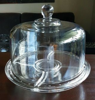 Vtg Retro Clear Glass Pinwheel 12 " Cake Stand With 10 " Dome Lid