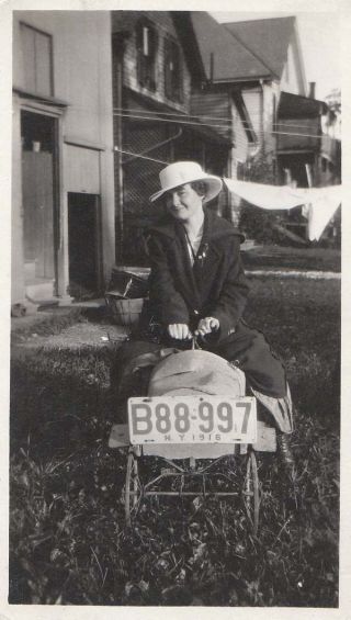 Vintage Photograph Woman Riding Toy Pedal Car Ny License Plate 1916