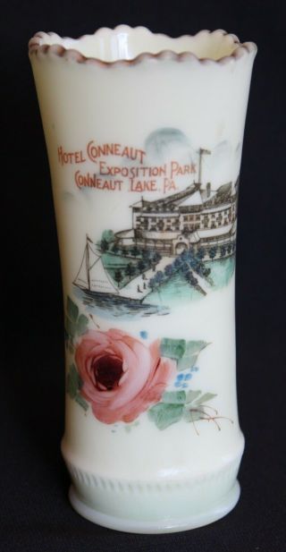 Antique Custard Glass Souvenir Vase - Hotel Conneaut Lake Exposition Park Pa.