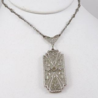 Vtg Antique Art Deco Silver Tone Filigree Camphor Glass Necklace 17 " Qyf9
