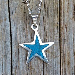 Vintage Signed Taxco 925 Crushed Turquoise Inlay Star Pendant Necklace