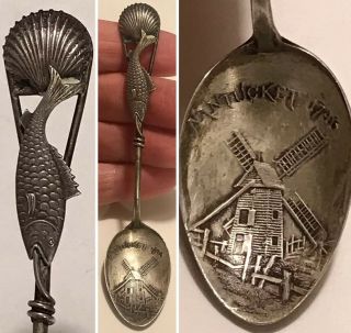 Antique Sterling The Old Mill Nantucket Massachusetts Spoon Fish Shell Handle 4”