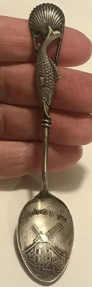 Antique Sterling THE OLD MILL NANTUCKET MASSACHUSETTS Spoon FISH SHELL Handle 4” 2