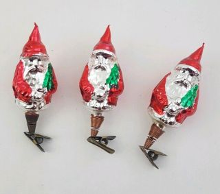 Set Of 3 Vintage Mercury Blown Glass Santa W/ Tree Clip On Christmas Ornaments