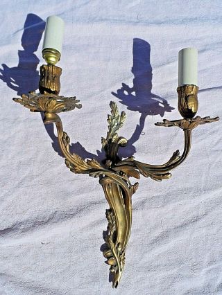 Vintage French Rococo Style Hot Cast Brass Double Wall Light Sconce Vgc