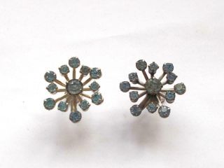 Vintage Art Deco Silvr Tone Blue Glass Crystal Star Or Snowflake Earrings