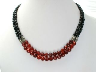 Black Onyx & Red Crystal Quartz Bead Necklace 18.  5 " Sterling Silver Vintage 925