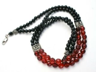 Black Onyx & Red Crystal Quartz Bead Necklace 18.  5 