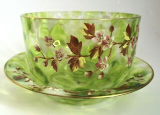 Antique Signed Harrach Bohemian Green Gold Enamel Victorian Art Glass Bowl Plate