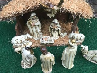 Vintage Christmas Nativity Set White Made in Japan 12 pc,  Stable Mid - Century 2