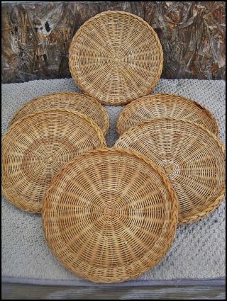 6 Vtg Wicker Rattan Bamboo Woven Paper Plate Holders Picnic Bbq Back Yard 10 " D