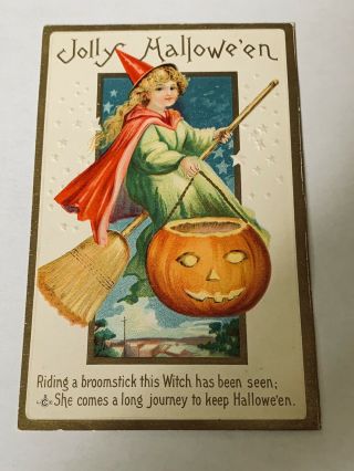 Vintage Halloween Postcard - Girl Witch On Broom,  Carved Pumpkin 226 C