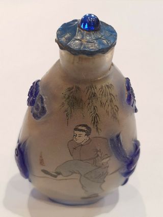 Chinese Snuff Bottle Antique.  Late 19th C.  Inside Glass Painted.  Blue Overlay.