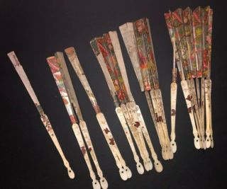 Rare Antique Circa 1700 Mother Of Pearl Inlay Painted Sticks Fan