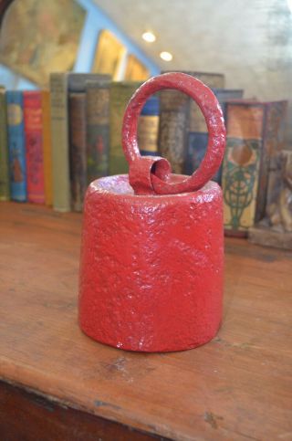 Large Heavy Antique Solid Cast Iron Metal Weight With Handle Ring Painted Red