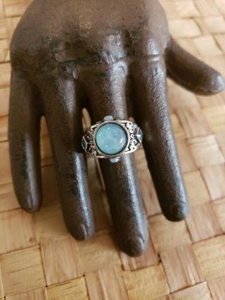 Vintage Sterling Silver Light And Dark Blue Stones Ornate Ring With Opals Sz 7