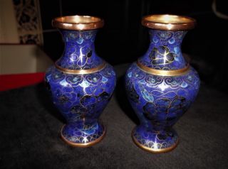 Pair Vintage Small Brass Copper Cloisonne Vases Cobalt Enamel Floral 4.  25 "