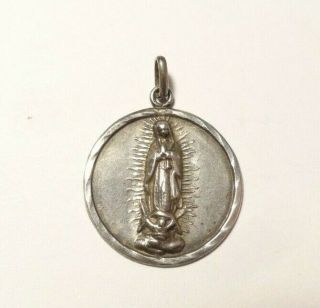 Vintage Catholic Medal Virgin Mary Round Pendant Charm Sterling Silver 925