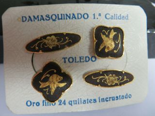 Vintage Toledo Damascene Chain Link Cufflinks Birds Flowers On Card