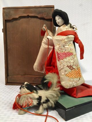 Late Edo Early Meiji Japanese Antique Gofun Hina Doll Ningyo Lady W/ Dog & Box