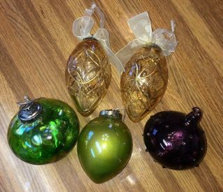Vintage Heavy Kugel Style Christmas Ornaments Glass Set Of 5 Green Gold