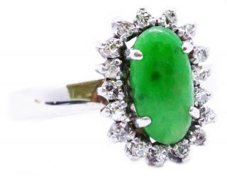 Vintage Ring In 18 Kt Gold With 3.  09 Cts Of Diamonds & Jadeite Jade Cabochon