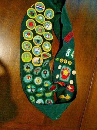 Girl Scout Vintage Sash With Merit Badges.  Nearly 60 Total Patches And Pins