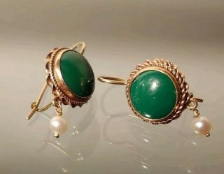 Antique 14k Yellow Gold Jade Earrings With Pearl Accent