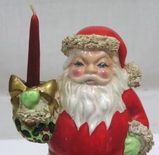 Vtg KREISS Christmas Santa Candle Holder Rhinestone Eyes Spaghetti Trim 1950s 2