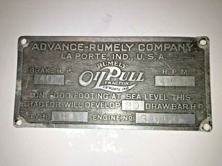 Vintage Rumely Oil Pull 20 - 40 G Tractor Plate
