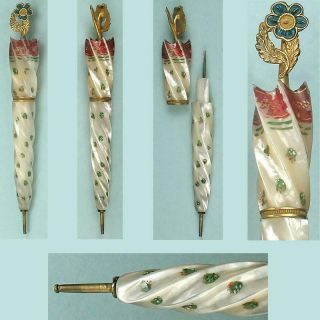 Antique Mother Of Pearl Palais Royal Parasol Needle Case Circa 1820