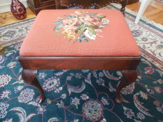 Vintage Mahogany Queen Ann Needlepoint Ottoman,  Bench,  Foot Stool