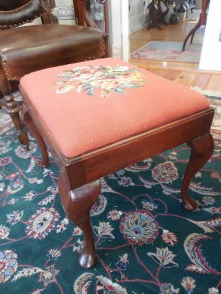 Vintage Mahogany Queen Ann Needlepoint Ottoman,  Bench,  Foot Stool 3