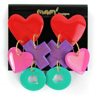 Mam Designs Valentines Hearts Xo Clip On Earrings Vintage Red Pink Purple Teal