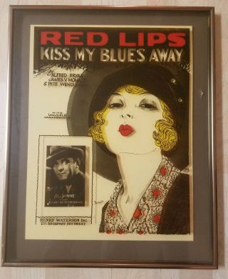 Vintage Reverse Glass Red Lips Kiss My Blues Away Music Painting Lipstick Retro
