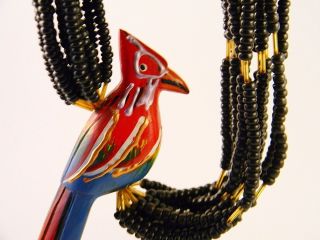 Vintage Large Hand Painted Bird Necklace Black Wood And Glass Bead