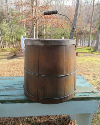Antique Bucket Firkin Large Vintage Wood Wooden Primitive,  Bail Handle,  Lid