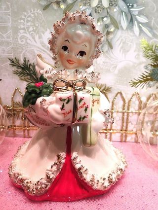 Vtg Napco White Christmas Blessings Joy Snow Angel Holds Holly Berry Gift S116b