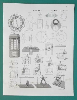 Science Chess Automaton Steam Rocket Astrometer Clocks - 1825 Antique Print