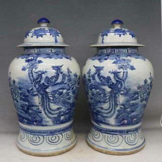 A Pair Great Chinese Blue&white Porcelain Phoenix Hat - Covered Jar